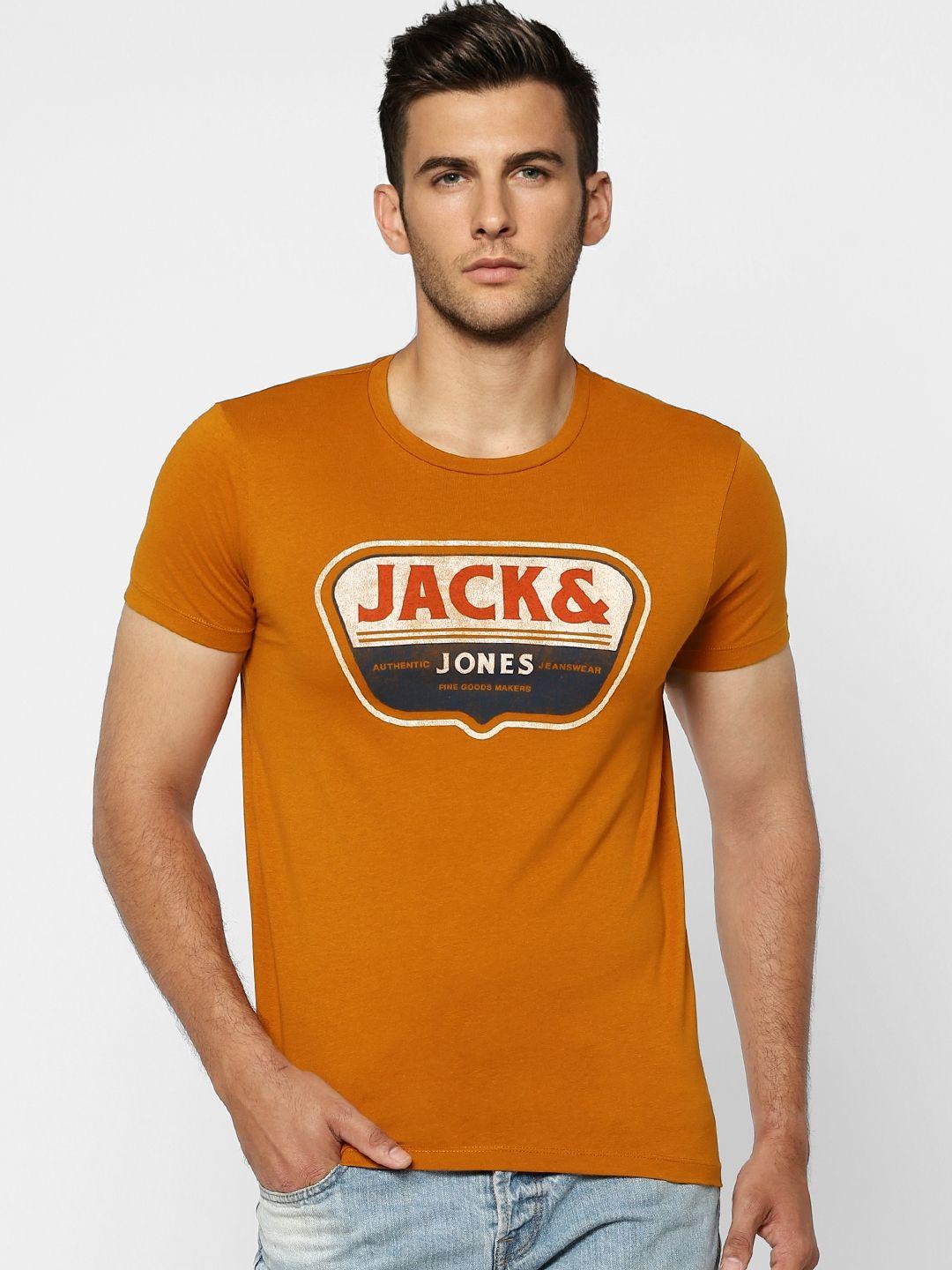 jack  jones men brown brand logo printed pure cotton t-shirt