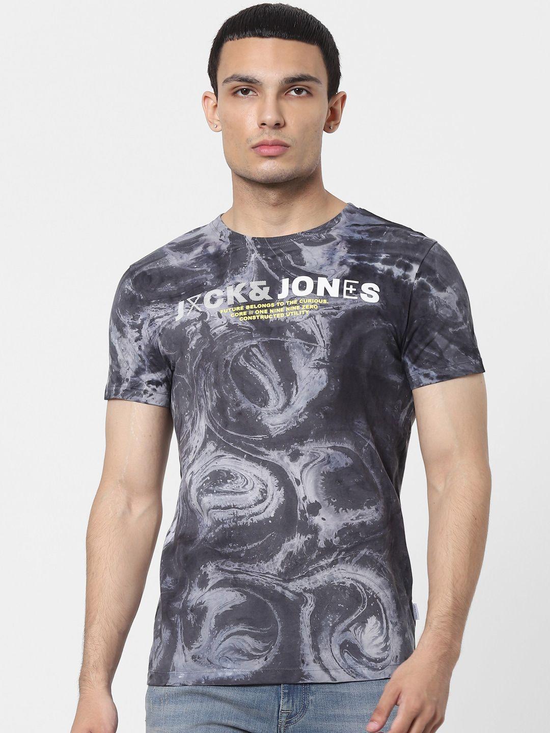 jack  jones men grey typography printed pure cotton t-shirt