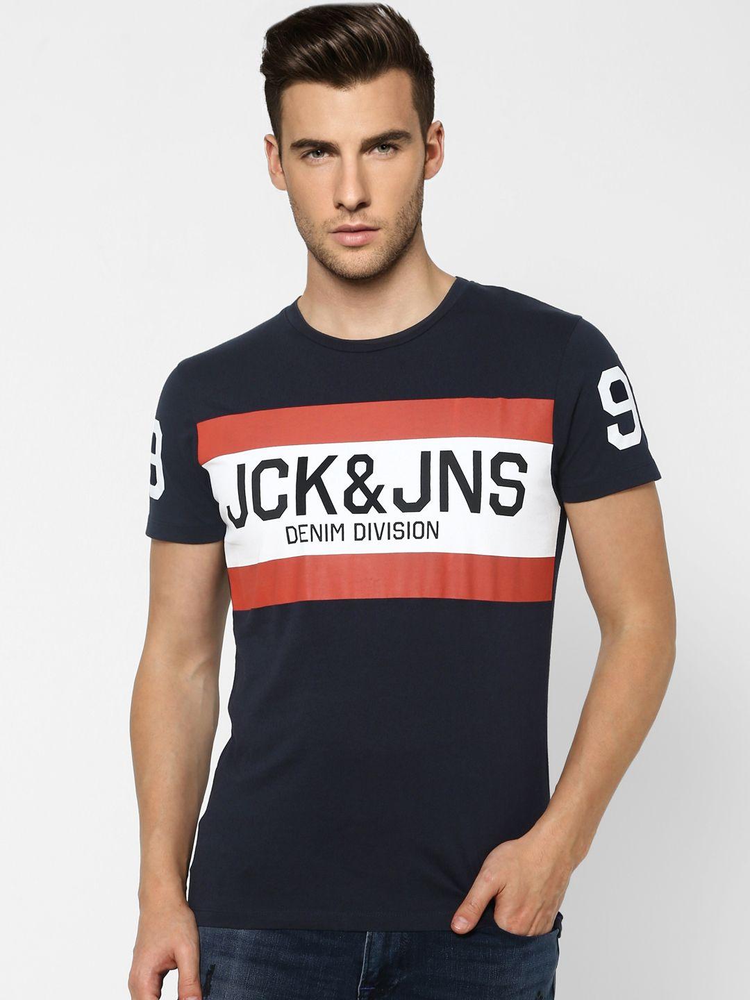 jack  jones men navy blue  white colourblocked pure cotton t-shirt with printed detail