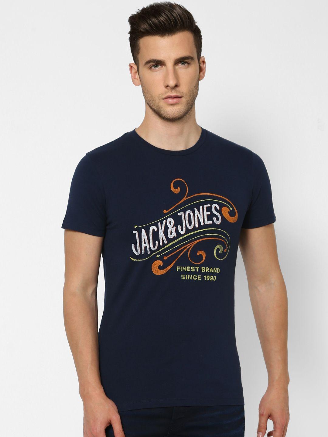 jack  jones men navy blue brand logo printed slim fit pure cotton t-shirt