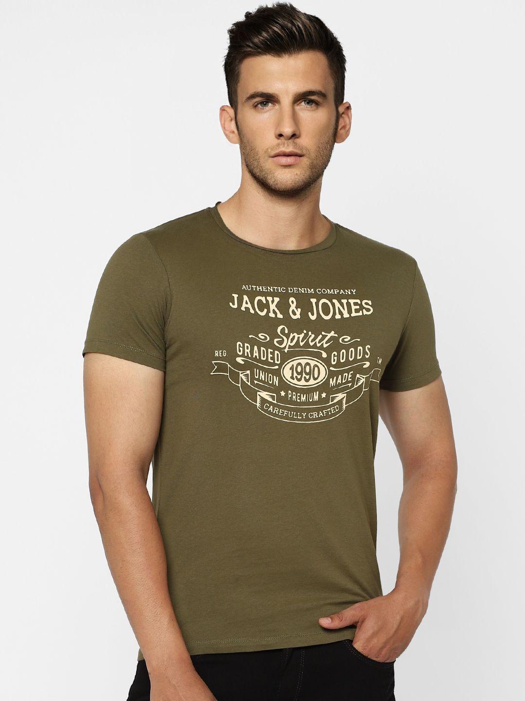 jack  jones men olive green brand logo printed slim fit pure cotton t-shirt