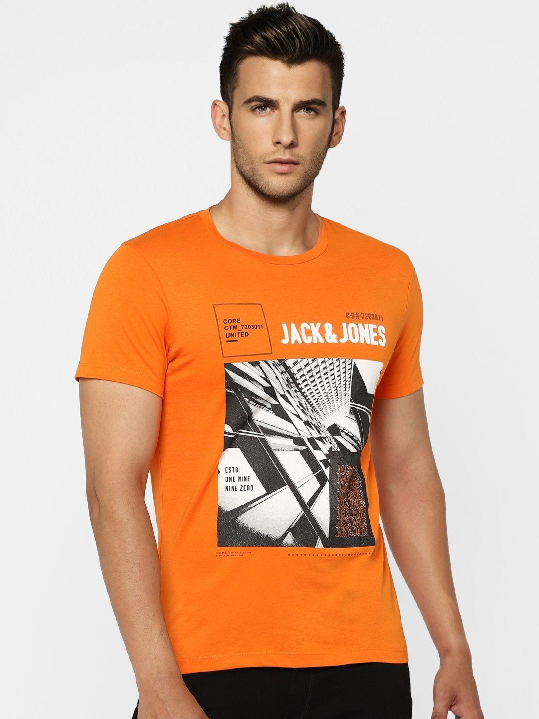 jack  jones men orange printed slim fit pure cotton t-shirt