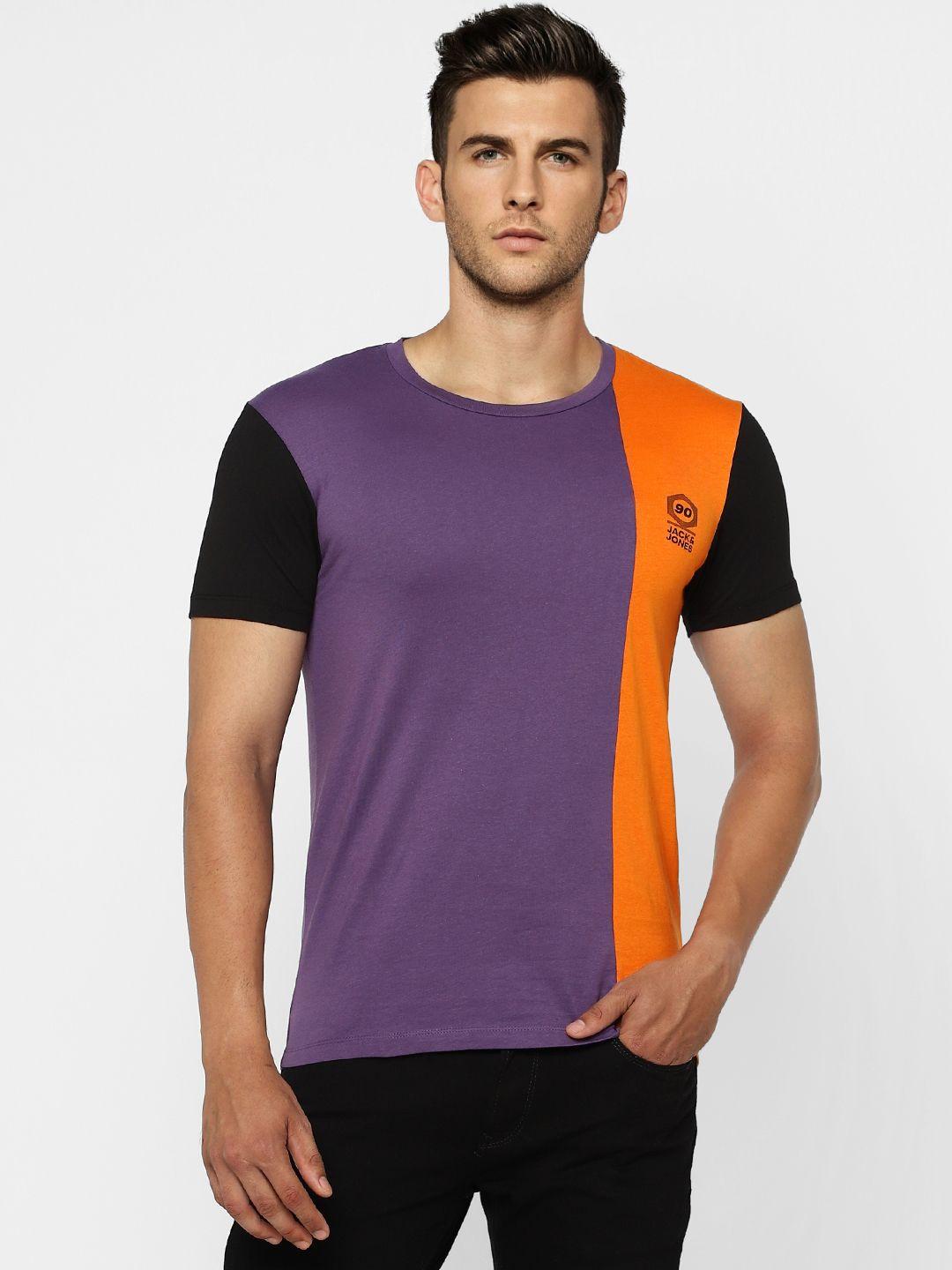 jack  jones men purple  orange colourblocked slim fit pure cotton t-shirt