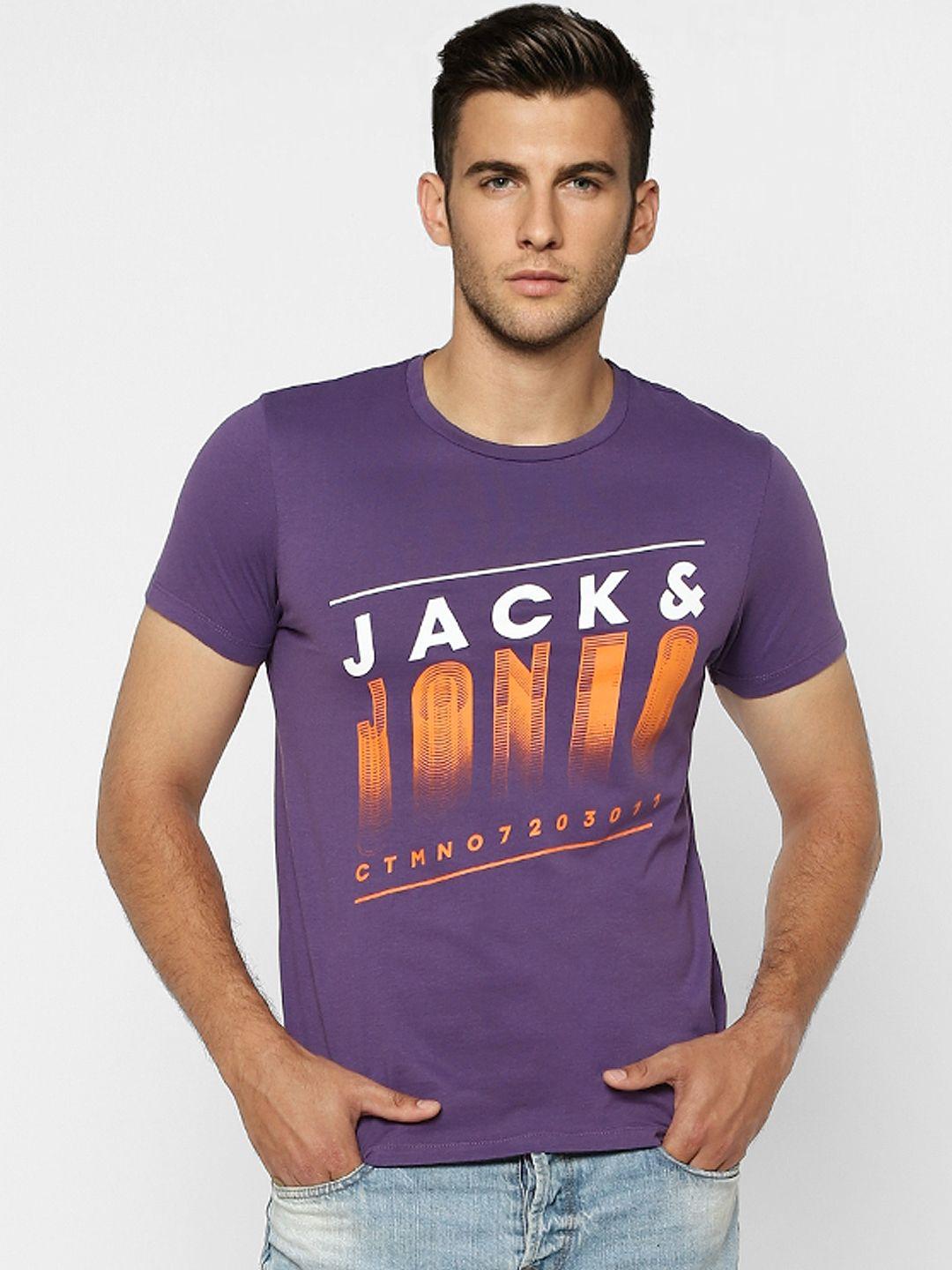 jack  jones men purple brand logo printed slim fit pure cotton t-shirt