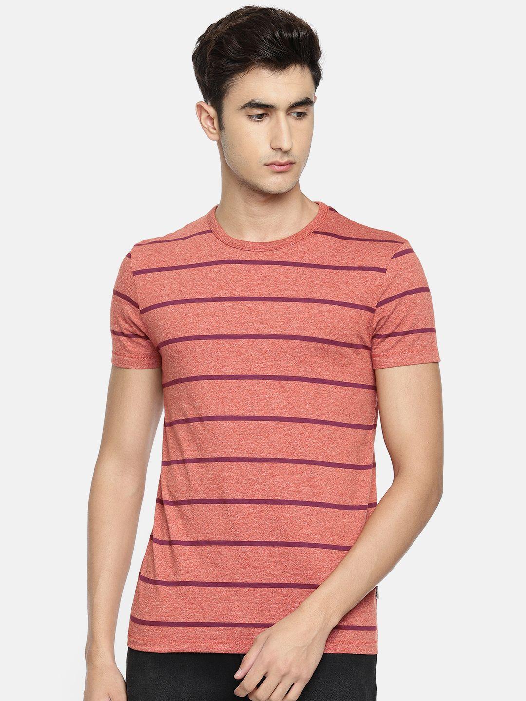jack  jones men rust red  burgundy striped round neck pure cotton t-shirt