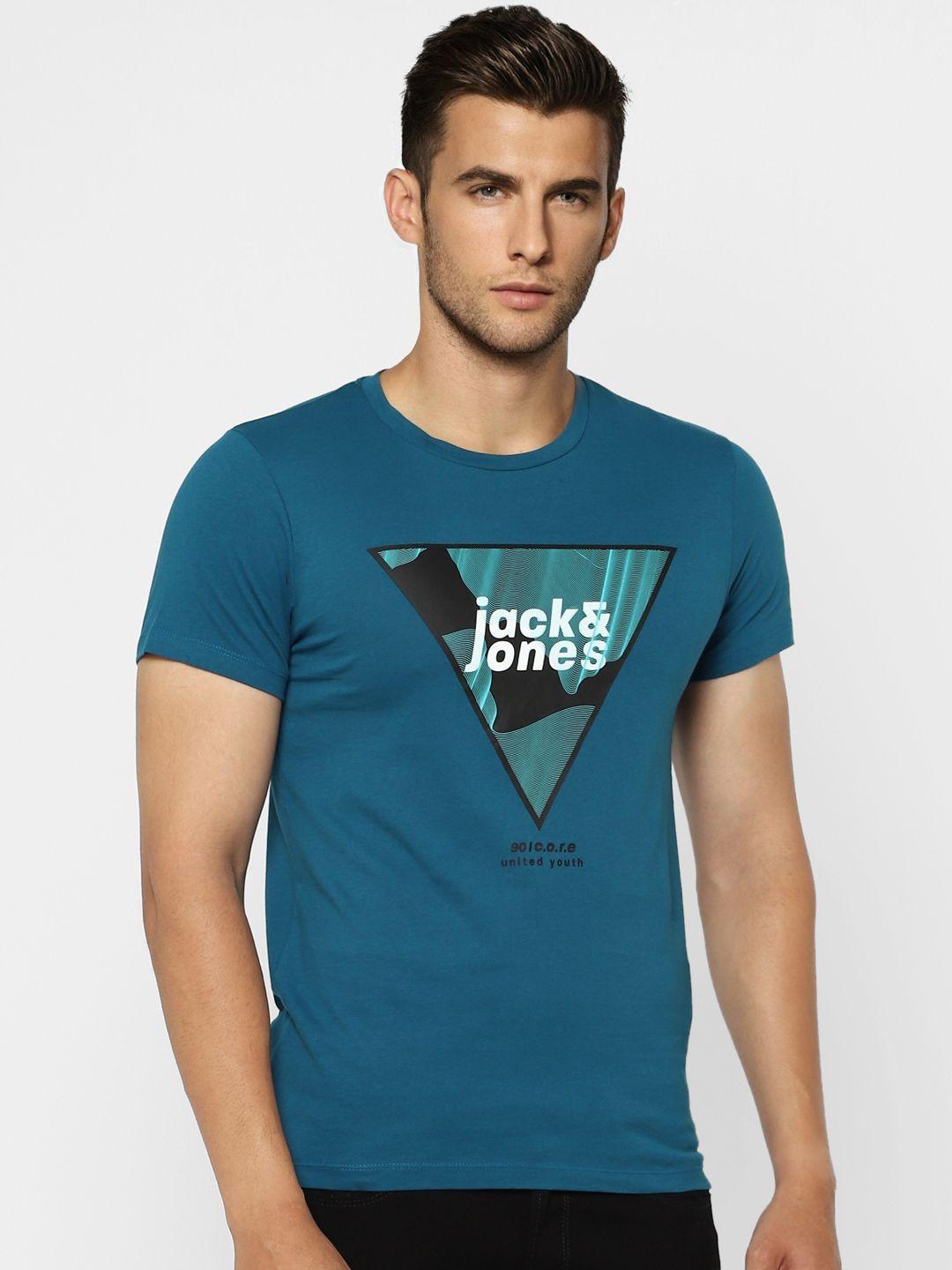jack  jones men teal blue brand logo printed slim fit pure cotton t-shirt