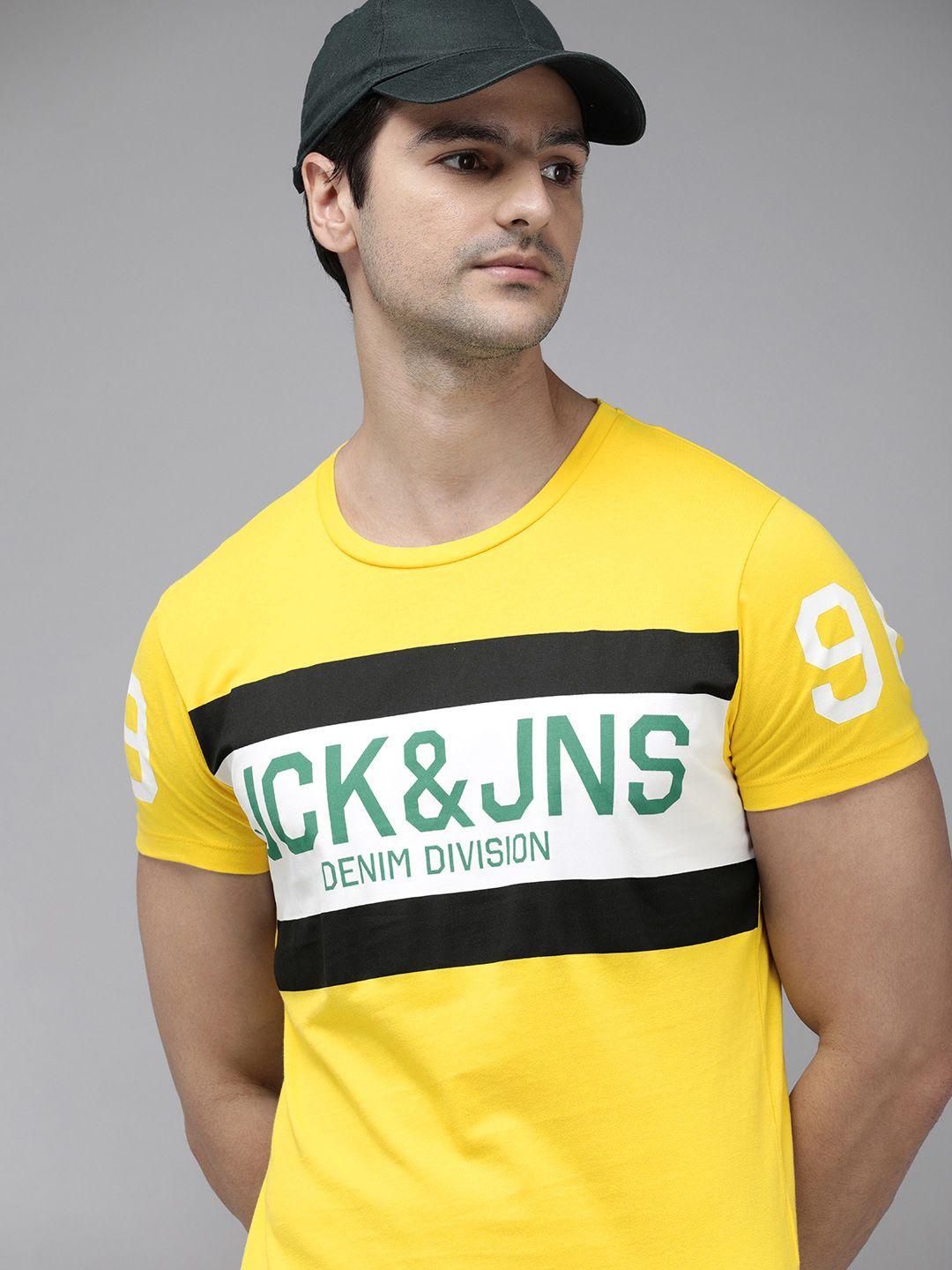 jack  jones men yellow  black colourblocked slim fit pure cotton t-shirt with typography