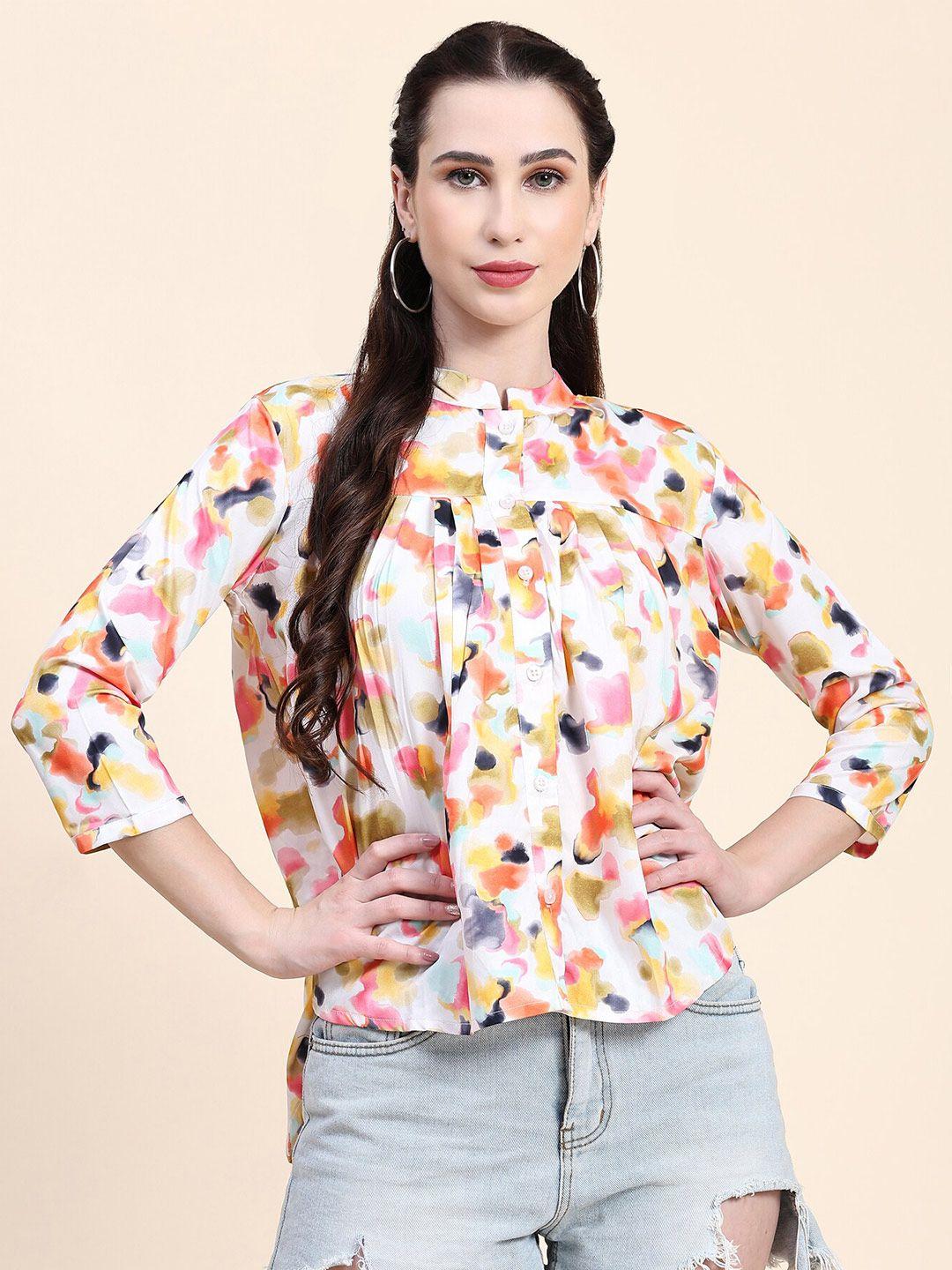 jackdanza abstract printed mandarin collar pleated shirt style top