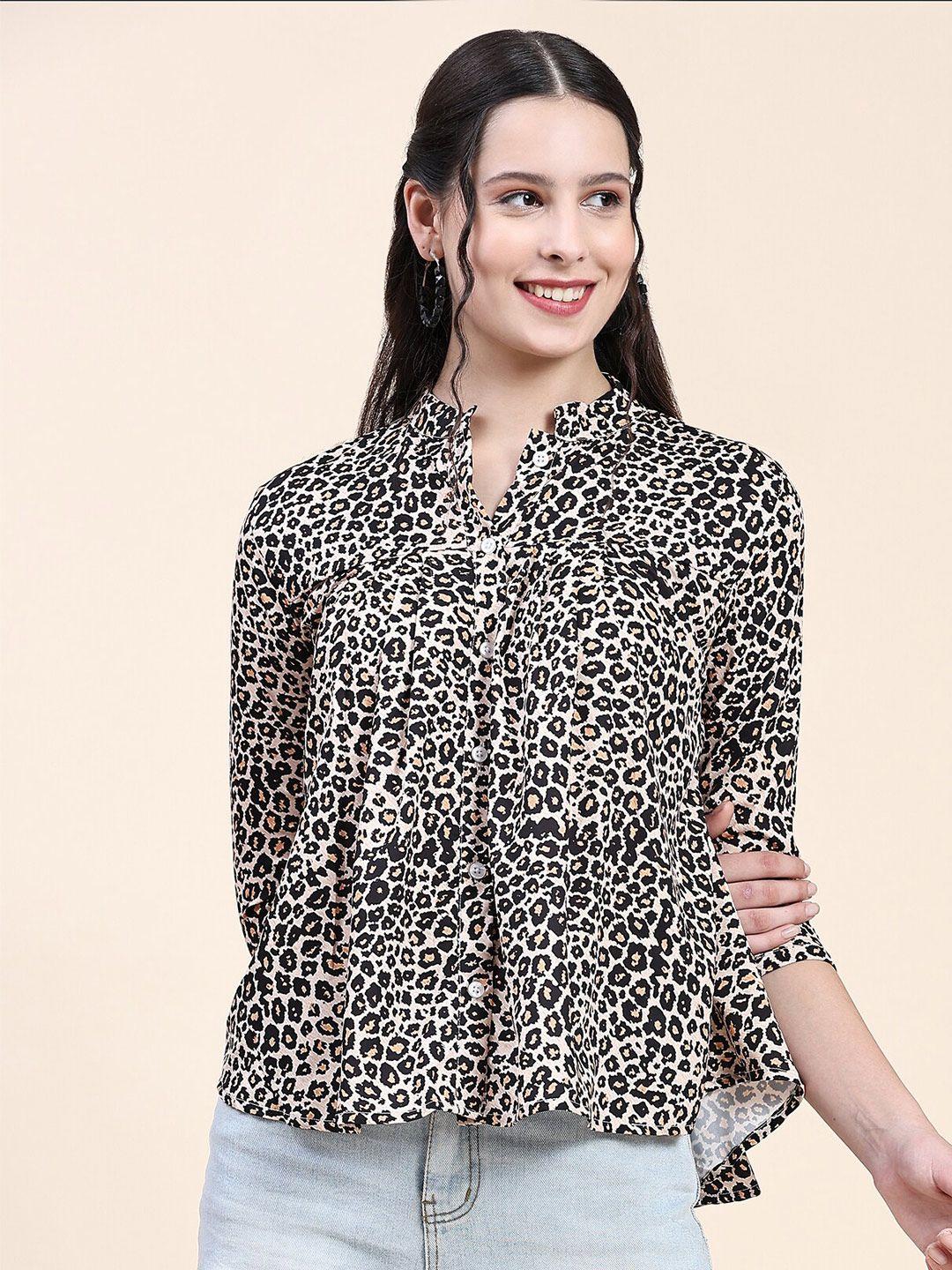 jackdanza animal printed mandarin collar pleated shirt style top