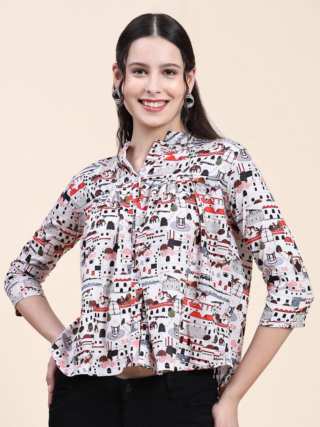 jackdanza conversational printed mandarin collar pleated shirt style top