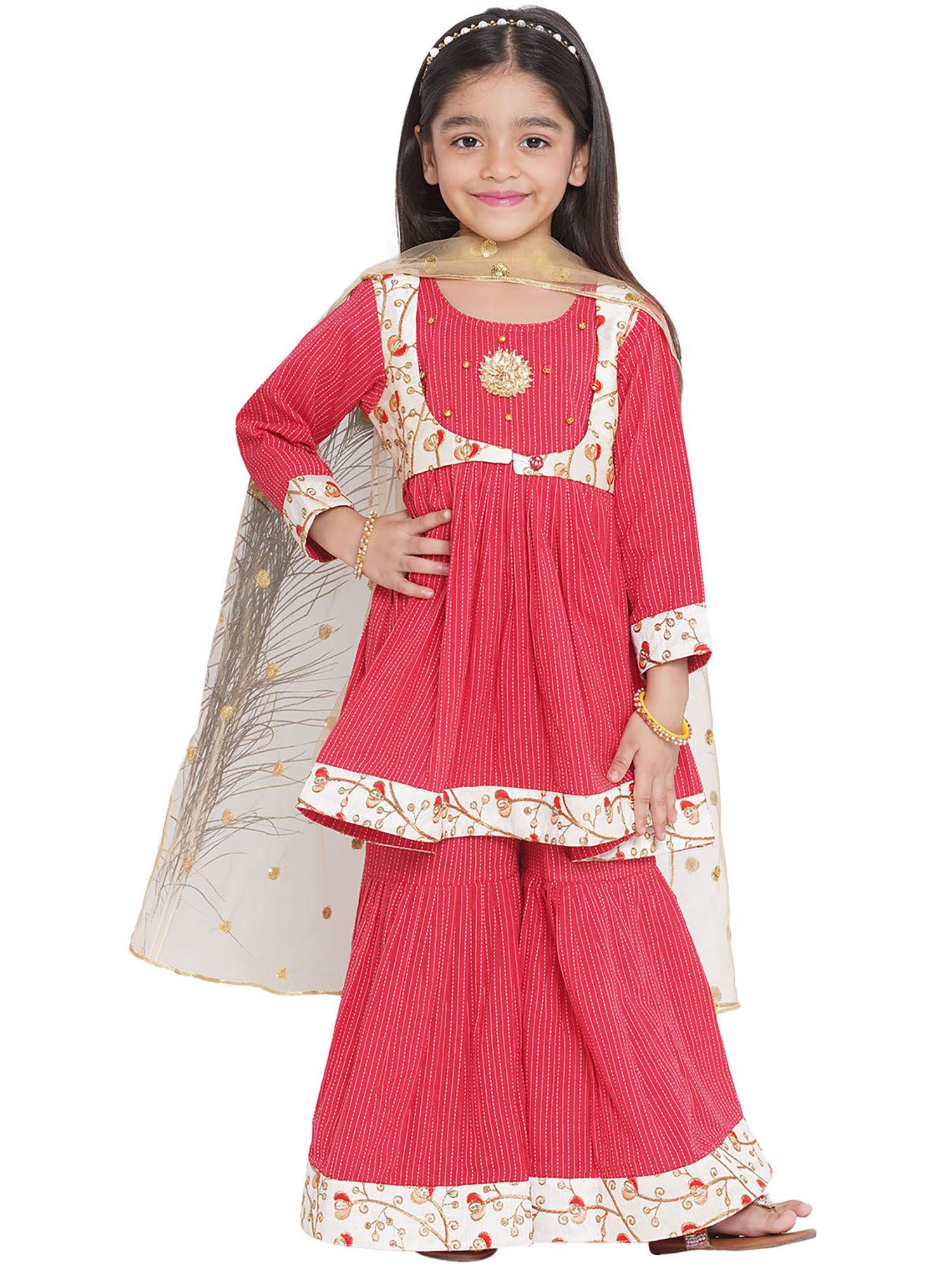 jacket with frock sharara & dupatta with handwork red (set of 3)