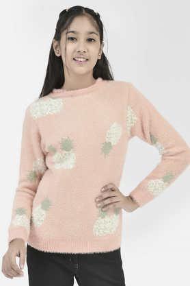 jacquard nylon regular fit girls sweater - peach
