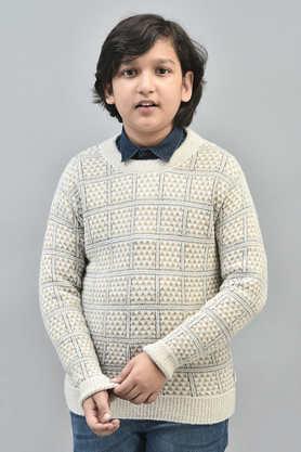 jacquard nylon round neck boys sweater - natural