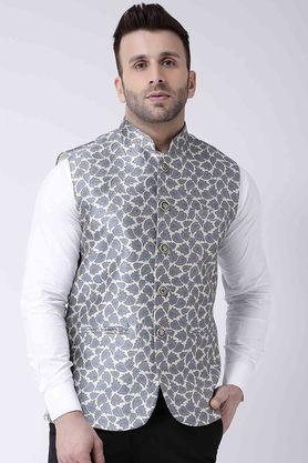jacquard polyester silk regular fit men's occasion wear nehru jacket - grey