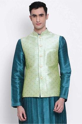 jacquard silk mandarin men's nehru jacket - green