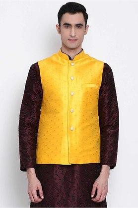 jacquard silk mandarin men's nehru jacket - yellow