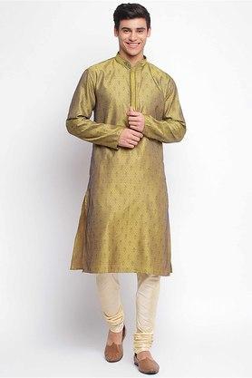 jacquard silk regular fit men's knee length kurta - yellow