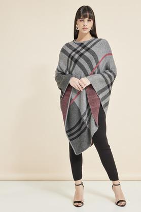 jacquard acrylic knee length women's poncho - grey