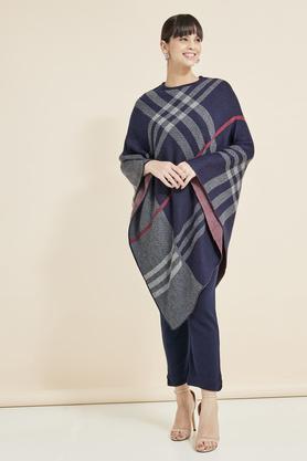 jacquard acrylic knee length women's poncho - navy