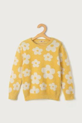 jacquard acrylic round neck girls sweater - yellow