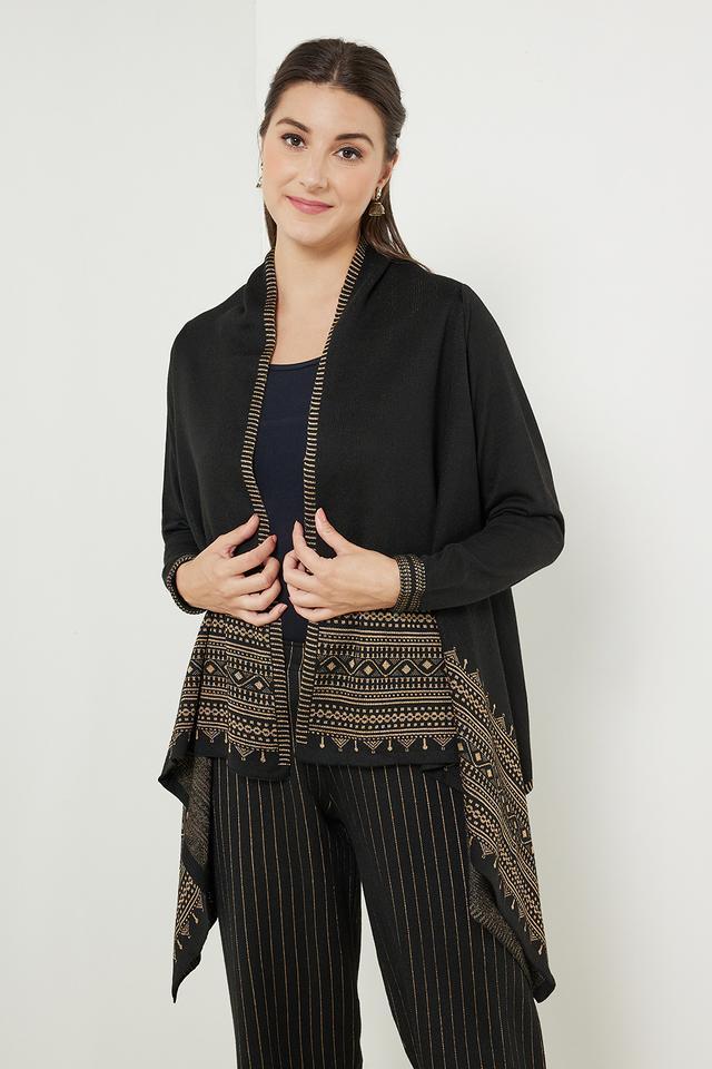 jacquard asymmetric polyester women's winter wear poncho - black