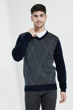 jacquard cotton blend regular fit men's pullover - navy