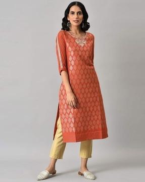 jacquard embellished straight kurta