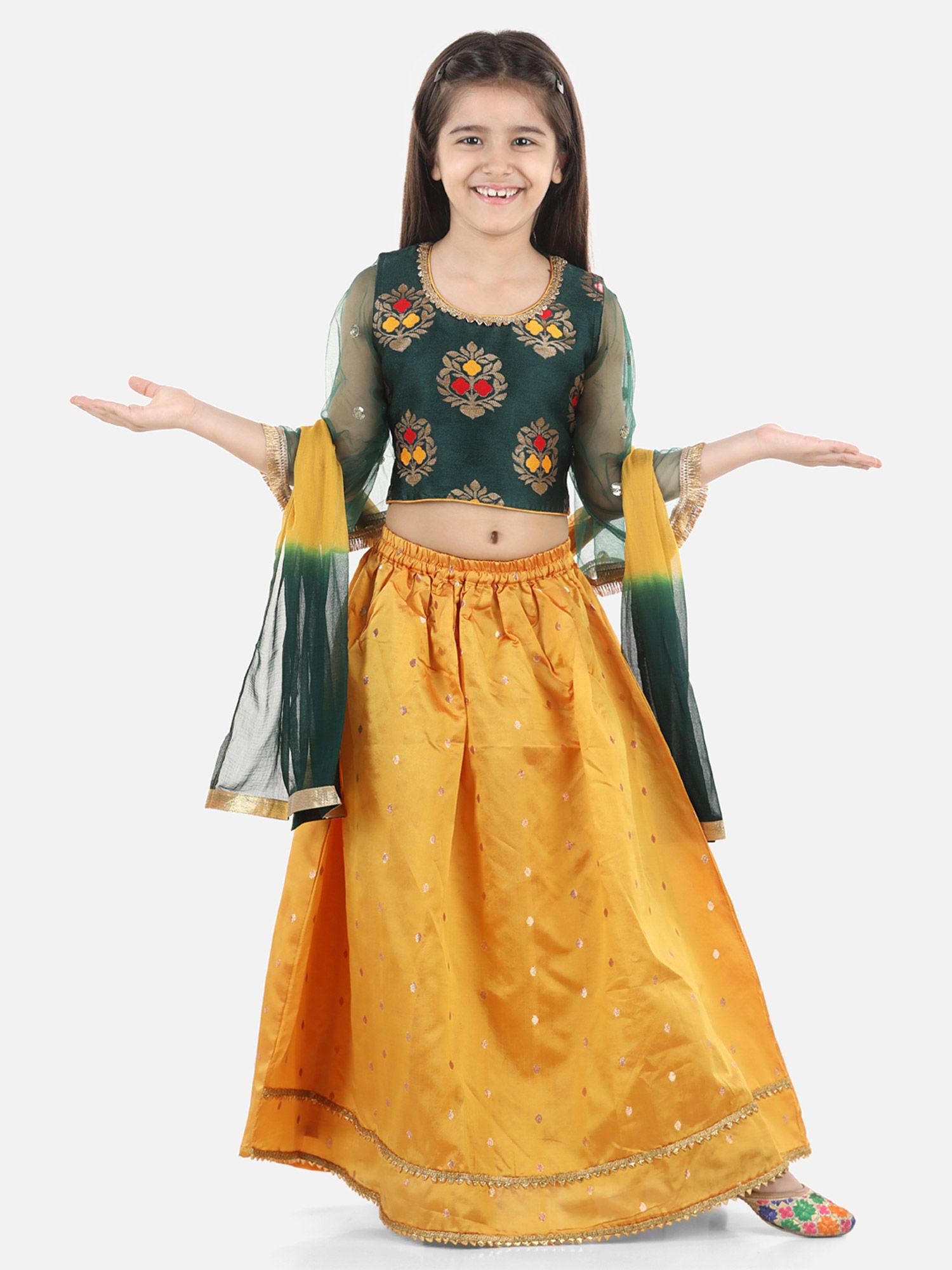 jacquard flared sleeve top with silk lehenga- green