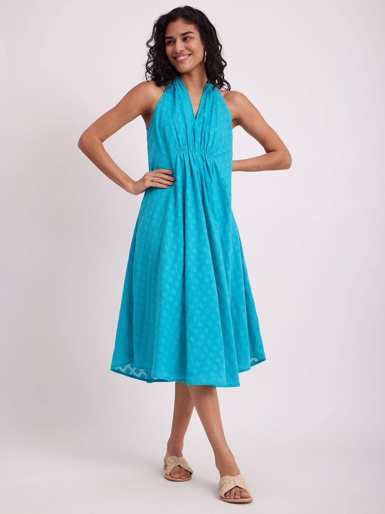 jacquard halter neck dress teal