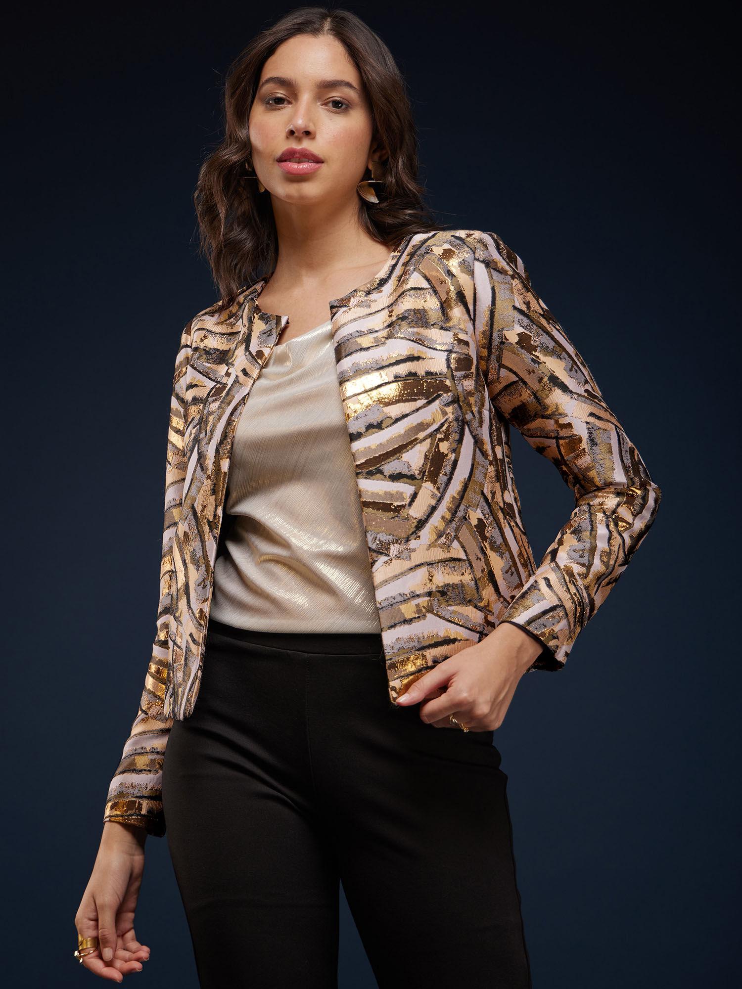 jacquard open front jacket - beige and gold