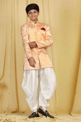 jacquard polyester blend collar neck boys sherwani set - peach