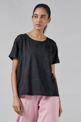 jacquard polyester regular neck women's t-shirt - black