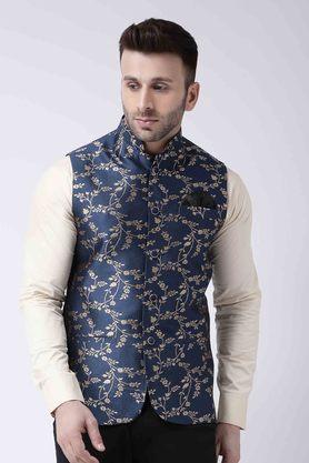 jacquard polyester silk regular fit men's occasion wear nehru jacket - blue