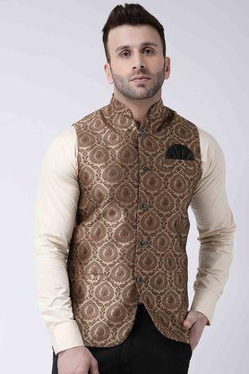 jacquard polyester silk regular fit men's occasion wear nehru jacket - brown