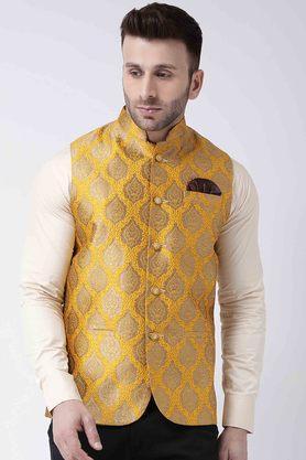 jacquard polyester silk regular fit men's occasion wear nehru jacket - yellow