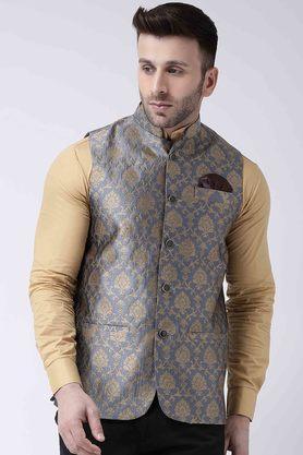 jacquard polyester silk regular fit mens occasion wear nehru jacket - grey