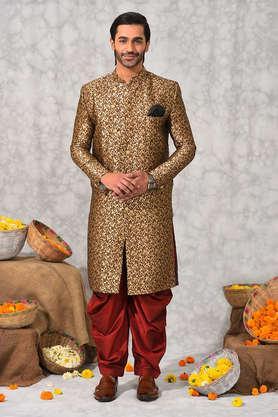 jacquard polyester viscose regular fit men's sherwani with pyjama - brown