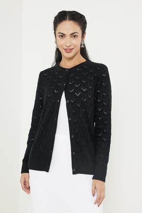 jacquard round neck acrylic women's winter wear pullover - black