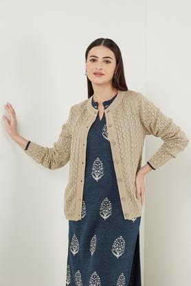 jacquard round neck acrylic women's winter wear pullover - natural