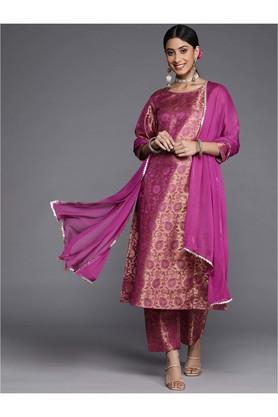 jacquard silk blend boat neck womens kurta pant set - purple