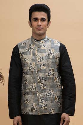 jacquard silk blend regular fit men's nehru jacket - blue