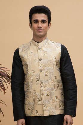 jacquard silk blend regular fit men's nehru jacket - natural