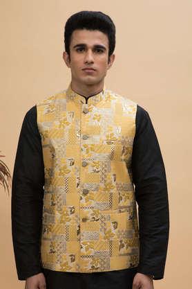 jacquard silk blend regular fit men's nehru jacket - yellow