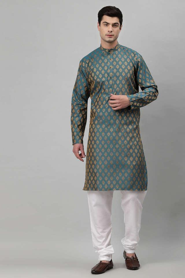 jacquard silk blend regular fit mens kurta churidar set