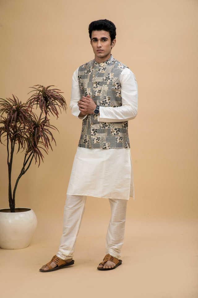 jacquard silk blend regular fit mens nehru jacket _ kurta pajama set