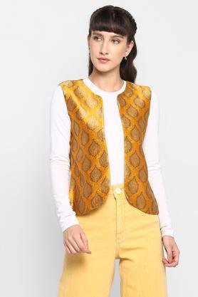 jacquard silk blend regular fit women's jacket - yellow