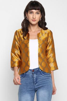 jacquard silk blend regular fit womens casual jacket - mustard