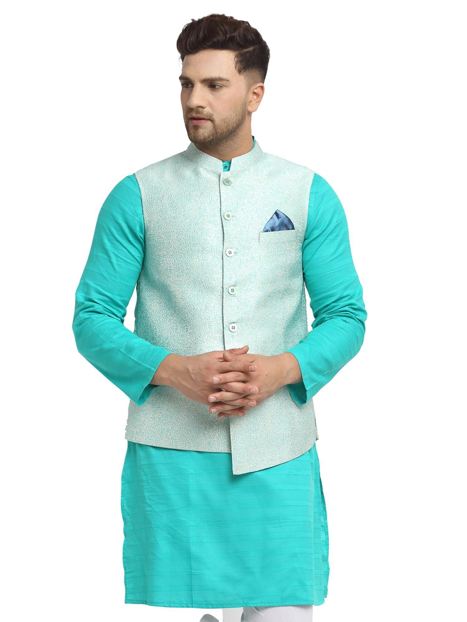 jacquard silk blend woven nehru jacket- blue