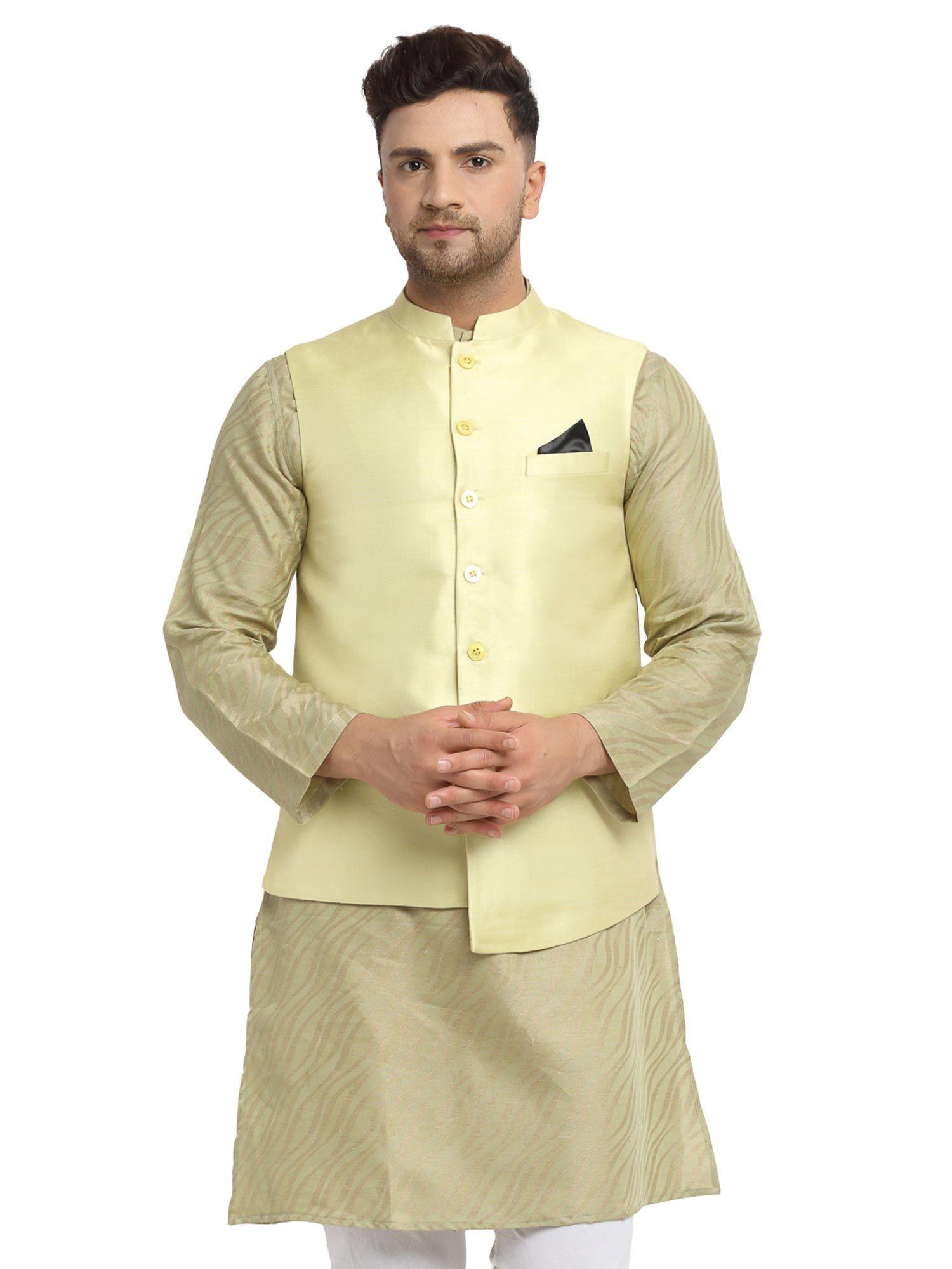 jacquard silk blend woven nehru jacket- green