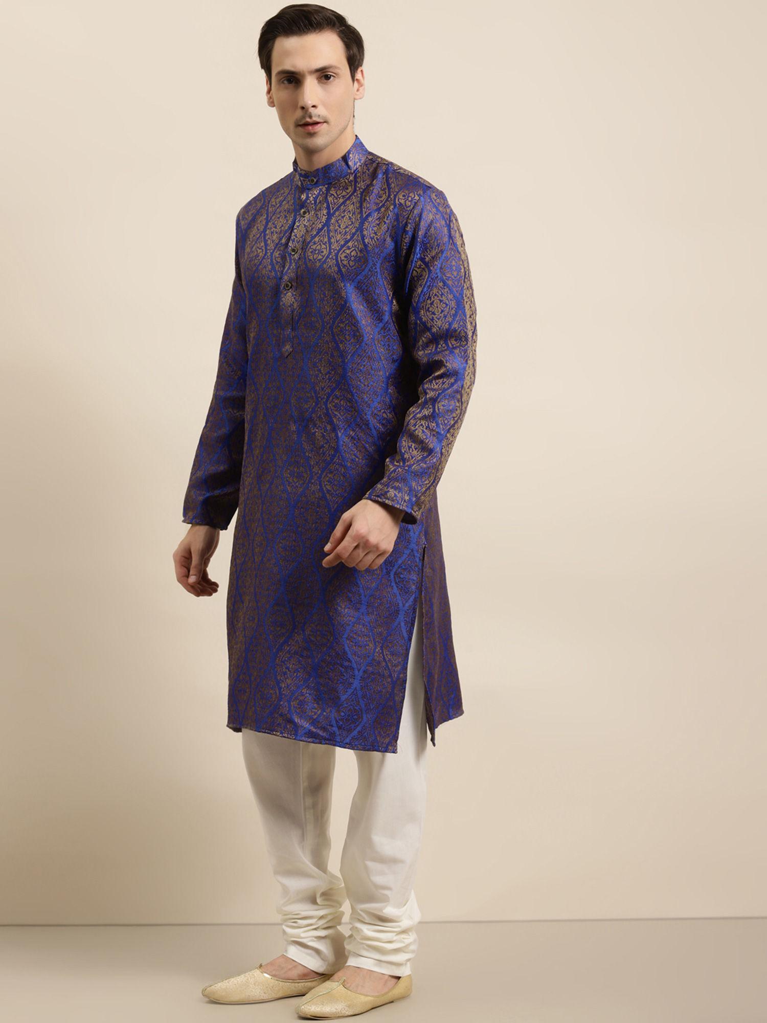 jacquard silk blue & gold kurta